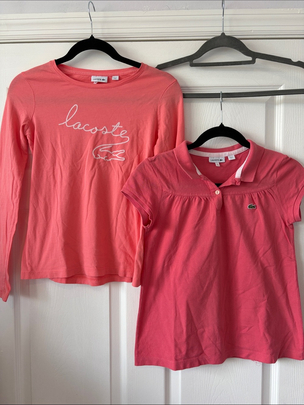 Lacoste Girls' Coral Pink Long Sleeve Tee and Polo Top Set. Two shirts